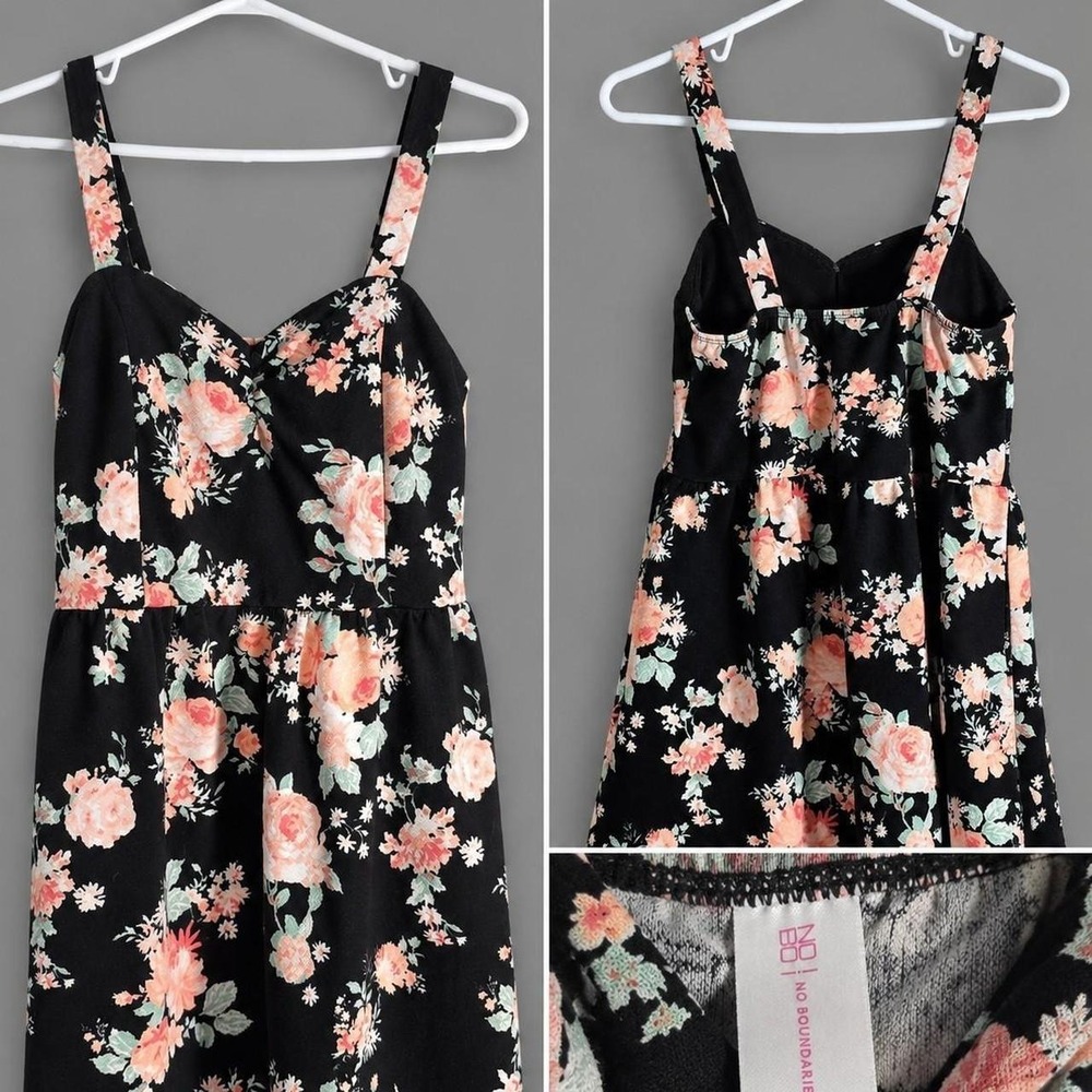 No Boundaries Floral Fit & Flare Dress Womens L 11-13 Black Peach Rose Sundress